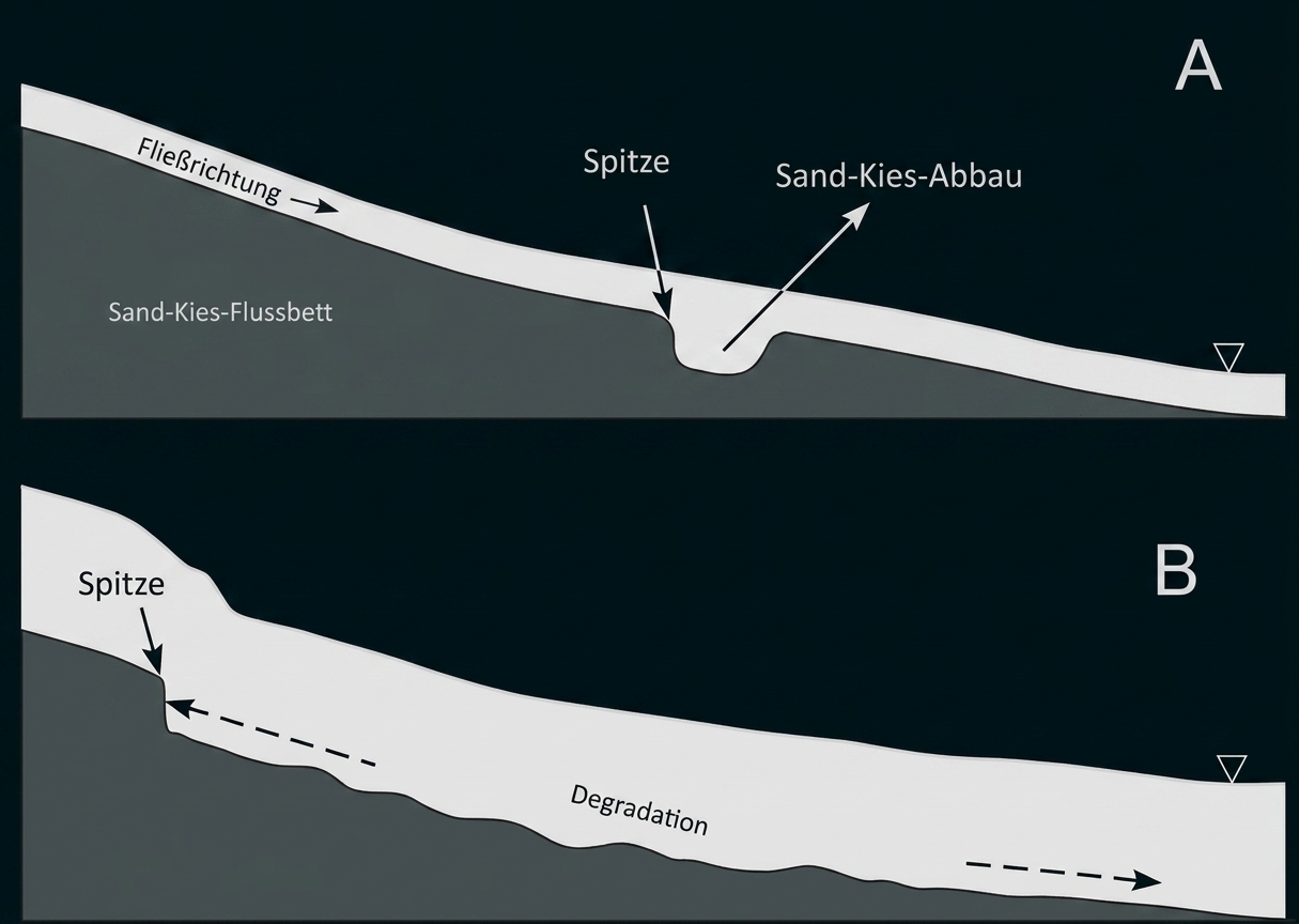 Querschnitt zweier Flussbetten mit Sand‑Kies‑Schichten, Fließrichtung, Spitze und Abbau